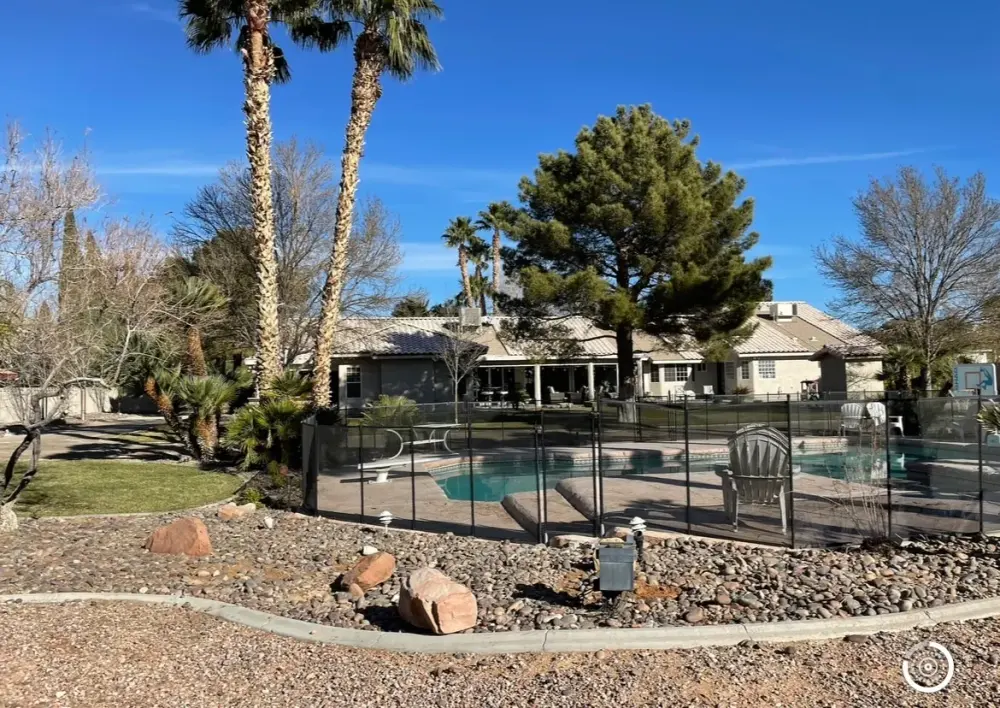 Backyard pool with desert rock landscaping and mature trees